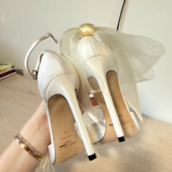 Jimmy Choo Averly 100 Satin Pumps Bow Mesh Detail Ankle Strap Stiletto Heels - Picture 13 of 13